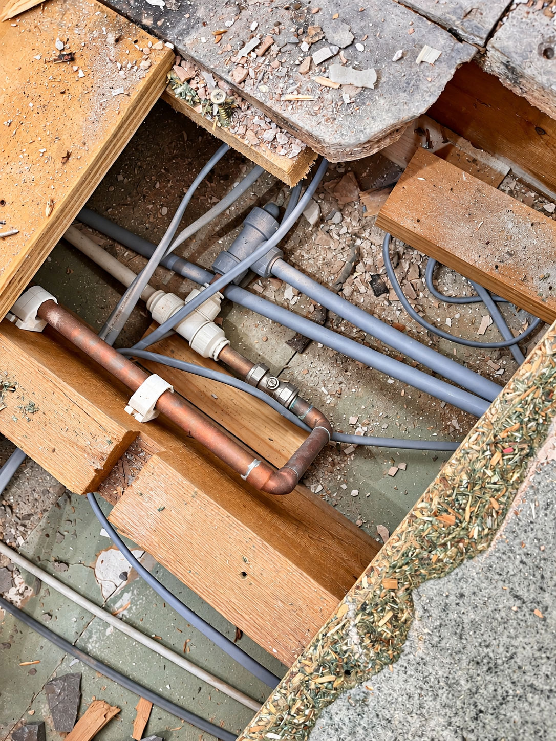 Sandwich Bay bathroom stripped back with exposed floor structure