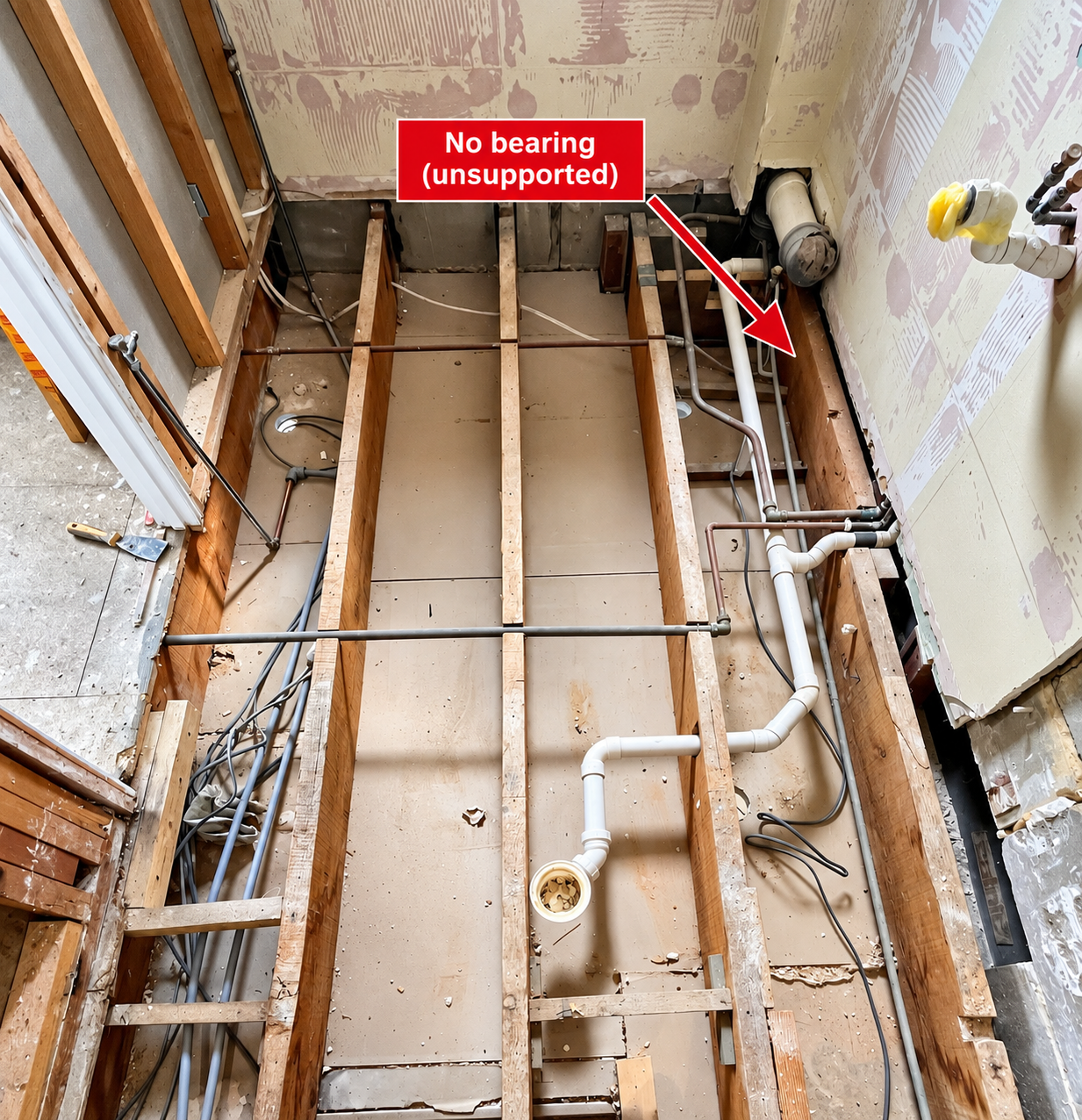 Pluckley bathroom floor structure and plumbing during refurbishment
